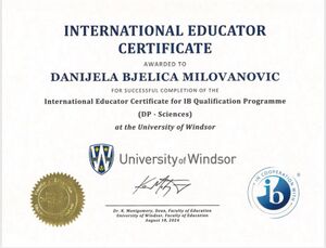 International Educator Certificate of Mrs. Danijela Bjelica Milovanović